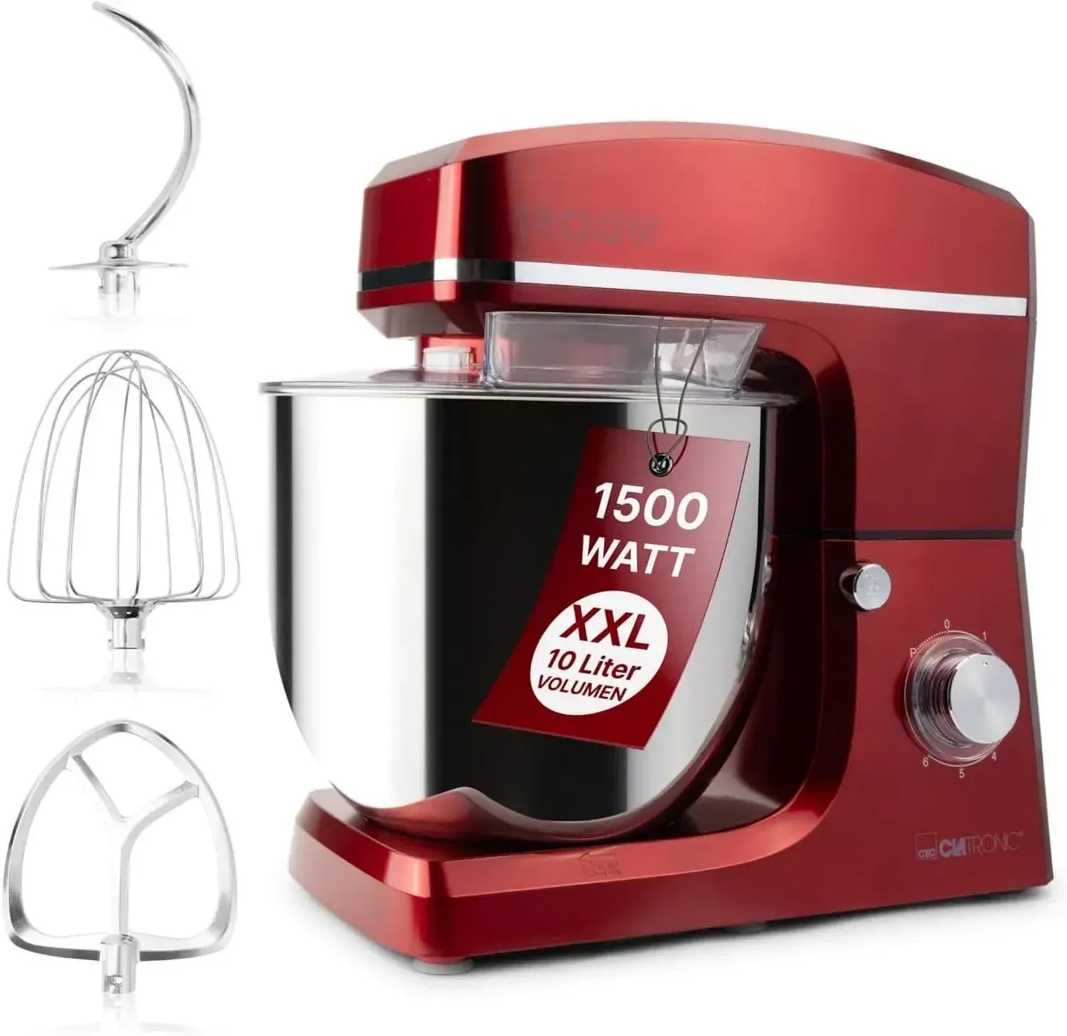 Clatronic XXL Küchenmaschine 10L, 1500W Motor, Teig- und Rührmaschine, inkl. Haken & Schneebesen, Spritzschutz, KM 3765 Rot