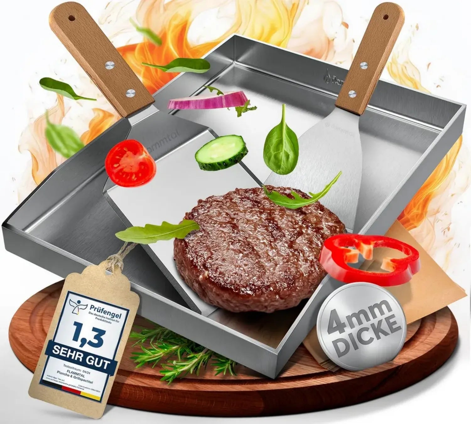 Grillplatte aus Edelstahl 4mm [40x30cm] mit Zubehör - Kompatibel für Gas- und Holzkohlegrills