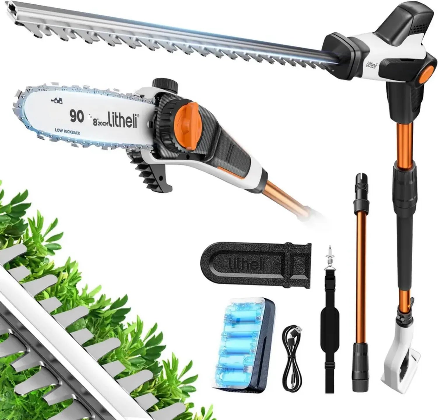 Litheli 20V Akku Heckenschere und Hochentaster 2-in-1, 2.0Ah Akku, 47 cm Klinge, Verlängerung bis 4 m, Automatische Kettenschmierung, Ergonomisch