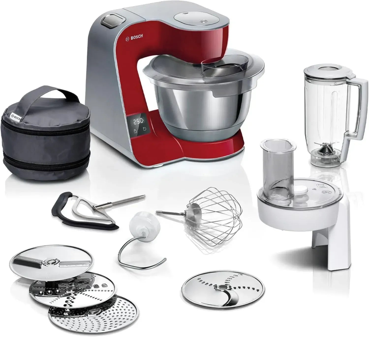 Bosch Küchenmaschine Serie 4, 1000 W, Edelstahl, 3,9L Schüssel, Mixer 1,25L, Profi-Knethaken, Spülmaschinengeeignet, Dunkelrot