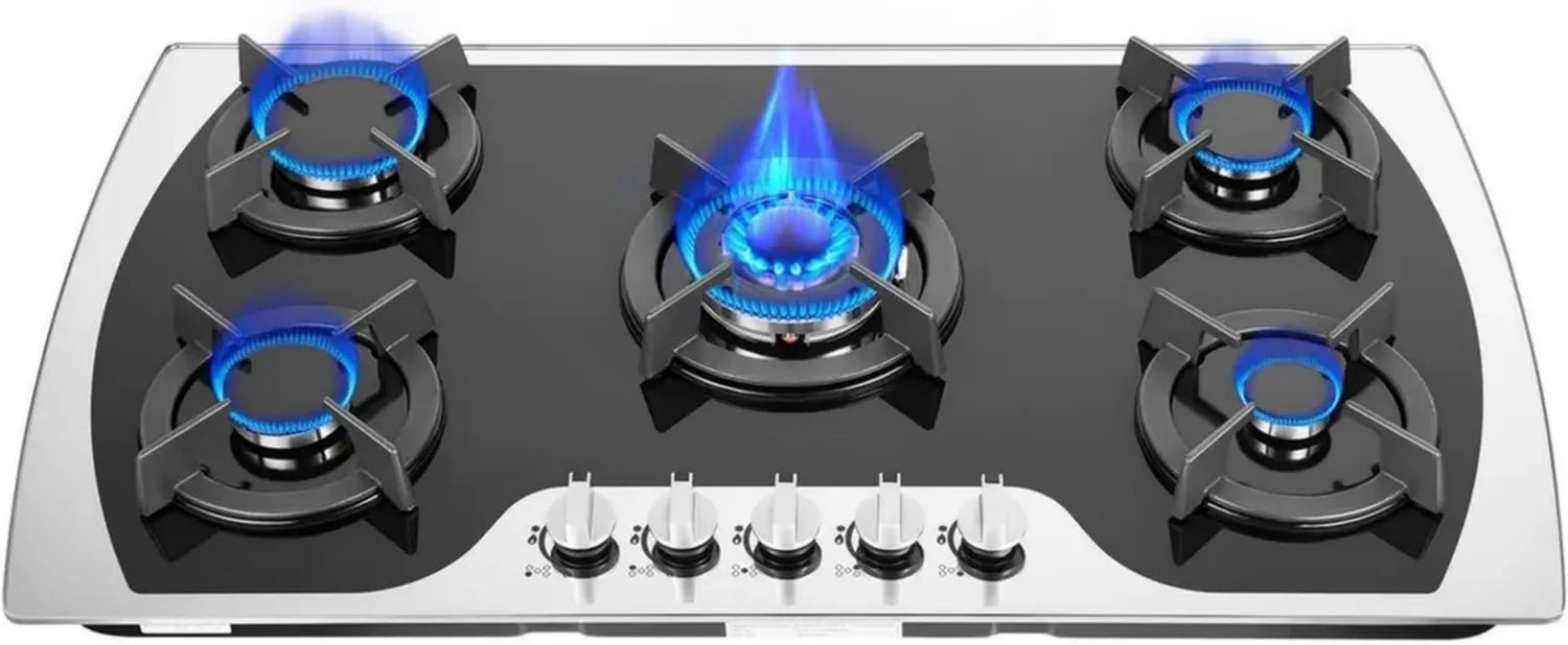 5-flammiges Gaskochfeld aus schwarzem Glas mit Wok-Brenner, 10236 BTU, hoher Energieeffizienz, geeignet für Einbau oder Arbeitsplatte, ideal für Zuhause und Gewerbe (LPG)