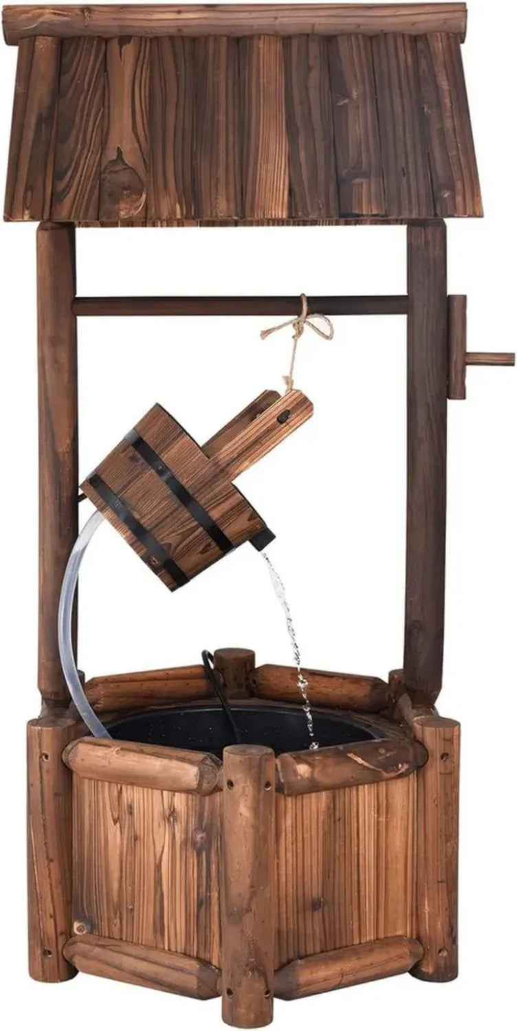 Rustikaler Gartenbrunnen aus Holz mit Pumpe, dekorativer Brunnen für Terrasse und Garten