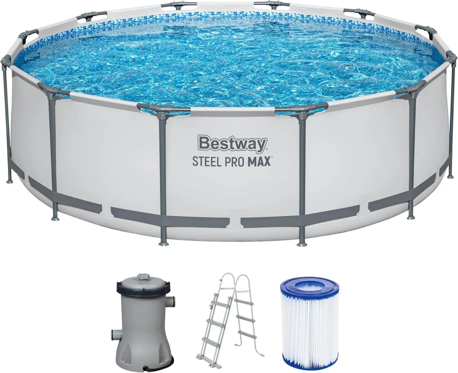 Bestway Stahlrahmen-Pool Set mit Filterpumpe, Ø 366 x 100 cm, Lichtgrau, Rund