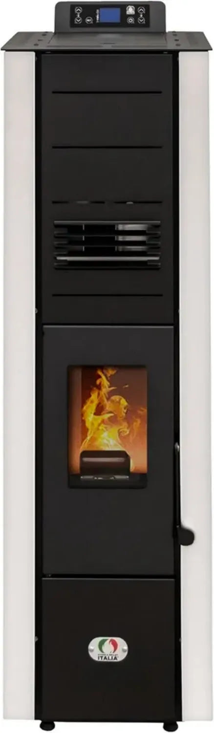 Pelletkaminofen 10 kW, 85% Effizienz, Heizung für 80m², Kompakt, Programmierbar, 5 Stufen, 24 Monate Garantie, Weiß